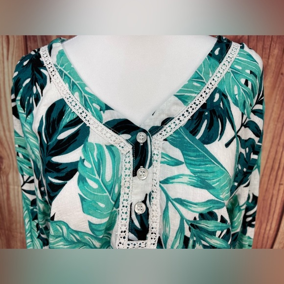 Coral Bay green teal white Monstera leaf print linen blend 3/4 sleeve blouse L - Picture 3 of 17